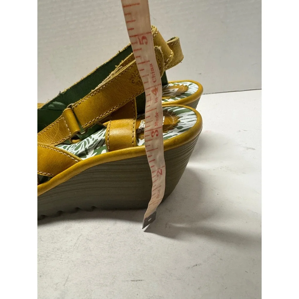 Fly London Yuma Mustard Yellow Leather Wedge Slingback Sandals EU 38 7.5